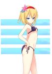  1girl absurdres adjusting_clothes adjusting_swimsuit bikini black_bikini blonde_hair blue_eyes flower from_side hair_flower hair_ornament headband highres looking_at_viewer nyori original short_hair side-tie_bikini simple_background solo swimsuit 