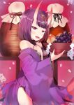  1girl 714_(leg200kr) :d bare_shoulders bob_cut eyebrows eyebrows_visible_through_hair fangs fate/grand_order fate_(series) food fruit grapes horns japanese_clothes kimono looking_at_viewer oni oni_horns open_mouth purple_hair short_hair shuten_douji_(fate/grand_order) smile solo violet_eyes wide_sleeves 