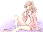  1girl bare_legs blonde_hair bra curly_hair diabolik_lovers flower hair_ornament hairpin hood hoodie ice_cream komori_yui lingerie namisuzu navel open_clothes open_hoodie panties petite pink_eyes simple_background sitting solo sweat twitter_username underwear white_background white_bra white_panties 