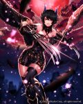  1girl :d bare_shoulders black_hair black_legwear black_wings breasts claws cleavage earrings elbow_gloves feathered_wings gloves gyakushuu_no_fantasica horns jewelry katagiri_hachigou looking_at_viewer official_art open_mouth short_hair shorts smile solo teeth thigh-highs torn_clothes torn_thighhighs violet_eyes wings 