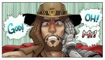  1boy artist_name beard brown_eyes brown_gloves brown_hair close-up cowboy_hat emphasis_lines english facial_hair gloves hands_on_own_cheeks hands_on_own_face hat jojo_no_kimyou_na_bouken male_focus mccree_(overwatch) mechanical_arm overwatch parody solo teeth wallabri 