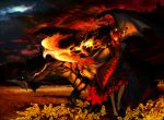  barefoot bird dark_clouds demon demon_girl dragon dress field fire flower highres horns original outstretched_arm phoenix pointy_ears red_eyes standing ukai_isago_ju ukai_saki 