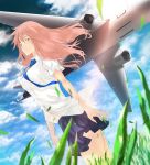  airplane blurry breasts cloud clouds complexplane depth_of_field dutch_angle grass jet large_breasts long_hair navel necktie original pink_eyes pink_hair school_uniform skirt sky slightly_open_shirt solo wind 
