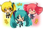  akita_neru aqua_eyes aqua_hair blonde_hair blush cellphone chibi detached_sleeves drill_hair hahifuhe hatsune_miku kasane_teto necktie open_mouth phone red_hair redhead side_ponytail skirt smile thigh-highs thighhighs triple_baka_(vocaloid) twintails utau vocaloid wink yellow_eyes 