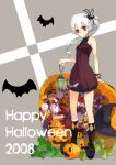  argyle argyle_legwear bat boots bracelet candy fang frilled_kneehighs halloween hat jack-o'-lantern jewelry kneehighs lamp lantern leaf leaves lollipop long_hair miz original pointy_ears ponytail pumpkin red_eyes socks swirl_lollipop white_hair witch_hat 