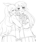  2girls aikatsu! arm_hug blush embarrassed happy hoshimiya_ichigo long_hair monochrome multiple_girls school_uniform shibuki_ran simple_background smile white_background yoban 