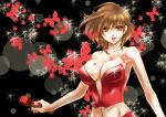  b.m. breasts brown_eyes brown_hair butterfly cleavage lipstick meiko microphone midriff navel solo vocaloid 
