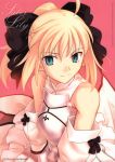  absurdres ahoge armor bare_shoulders blonde_hair bow fate/stay_night fate/unlimited_codes fate_(series) green_eyes hair_bow hair_ribbon highres looking_at_viewer ponytail ribbon saber saber_lily scan short_hair smile solo takeuchi_takashi 