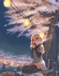  blue_eyes cherry_blossoms drinking lowres night original sitting thigh-highs thighhighs weno weno's_blonde_original_character 