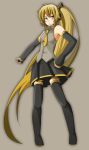 blonde_hair cellphone detached_sleeves hand_on_hip long_hair metaphor metaphor_(artist) necktie phone side_ponytail simple_background skirt thigh-highs thighhighs very_long_hair vocaloid yellow_eyes 