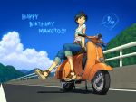  cloud clouds happy_birthday hill idolmaster jeans kikuchi_makoto motor_vehicle o&#039;m om_(carbohydratism) road sandals scooter short_hair sky solo vehicle vespa 