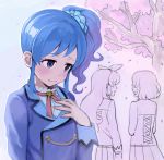  3girls aikatsu! blue_eyes blue_hair blush bust from_behind hoshimiya_ichigo jealous kiriya_aoi kitaouji_sakura long_hair monochrome multiple_girls school_uniform short_hair side_ponytail smile talking tree yoban 