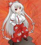  fujiwara_no_mokou hair_bow hair_ribbon long_hair oro_(artist) oro_(zetsubou_girl) red_eyes ribbon silver_hair touhou 