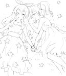  2girls aikatsu! bare_shoulders blush grass happy holding_hands hoshimiya_ichigo kiriya_aoi lineart long_hair lying monochrome multiple_girls on_ground side_ponytail sketch sleeveless smile star yoban 