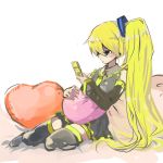  bad_id black_eyes blonde_hair cellphone detached_sleeves gm heart heart_pillow long_hair necktie phone pillow side_ponytail sitting skirt thighhighs vocaloid 