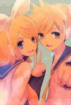  blue_eyes hair_ornament hair_ribbon hairclip headphones kagamine_len kagamine_rin ribbon siblings smile twins uno_(artist) uno_(colorbox) v vocaloid 