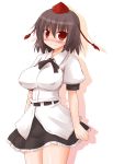  blush breasts brown_hair erect_nipples hat impossible_clothes impossible_shirt large_breasts red_eyes shameimaru_aya shirt short_hair tokin_hat touhou 