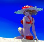  bare_shoulders bikini breasts brown_hair flower hat konpasu large_breasts looking_back meiko open_mouth short_hair sky smile solo straw_hat swimsuit vocaloid 
