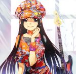  70s armband bass_guitar black_eyes black_hair cabbie_hat choker guitar hat hippie hirokiku instrument k-on! long_hair purple_hair smile solo 