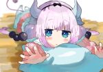  1girl :o bangs black_bow blue_eyes blurry blurry_background blush blush_stickers bow child commentary_request dragon_horns dragon_tail eyebrows_visible_through_hair fingernails highres hojhcwqlwrfrvnk horns kanna_kamui kobayashi-san_chi_no_maidragon light_purple_hair long_hair lying multiple_horns on_stomach open_hands open_mouth pillow purple_hair skirt solo tail thigh-highs twintails white_legwear wooden_floor 