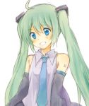  bad_id bare_shoulders blue_eyes bust detached_sleeves green_hair grin hatsune_miku kutsushita long_hair simple_background sketch smile twintails vocaloid 