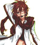  akio_(89e) fangs glasses lowres male microphone red_eyes red_hair redhead scarf smile vocaloid wink 