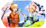  cherry_blossoms japanese_clothes kimono sake short_hair shoutarou_(pixiv) 