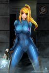  bangs blonde_hair blue_eyes bodysuit breasts glowing gun handgun highres impossible_clothes impossible_clothing ivan_flores large_breasts latex legs long_hair long_legs looking_at_viewer metroid nintendo pistol ponytail samus_aran scrunchie shiny shiny_clothes signature skin_tight solo spread_legs standing swept_bangs thick_thighs thighs weapon zero_suit 