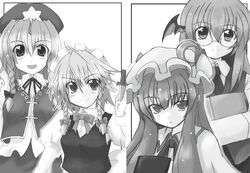  book braid eku glasses hat head_wings headwings hong_meiling izayoi_sakuya knife koakuma maid monochrome patchouli_knowledge touhou twin_braids 