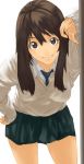  brown_hair complexplane hand_on_hip hand_on_hips leaning leaning_forward long_sleeves necktie original school_uniform simple_background skirt sweater 