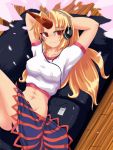  blonde_hair digital_media_player headphones horn horns hoshiguma_yuugi ipod kosmosshuffle long_hair midriff navel red_eyes touhou 