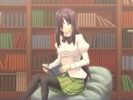  game_cg hair_over_one_eye ikezawa_hanako katawa_shoujo library long_hair pantyhose puffy_sleeves purple_eyes purple_hair reading scar school_uniform skirt solo violet_eyes weee_(raemz) 