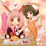 brown_hair bunny bunny_ears fork head_scarf heart inaba_tewi knife long_hair pancake pink_hair rabbit rabbit_ears red_eyes reisen_udongein_inaba short_hair snowling tail thigh-highs thighhighs touhou 