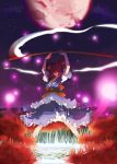  arms_up breasts cleavage dress flower hair_bobbles hair_ornament higanbana highres large_breasts magic_circle moon night night_sky onozuka_komachi red_eyes red_hair red_moon redhead scythe short_hair sky smile spider_lily star star_(sky) starry_sky touhou tsunekun twintails weapon wink 