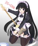  alternate_costume black_eyes black_hair blush broom enmaided garter_belt k-on! kitagawa_mikio long_hair maid maid_headdress mary_janes shoes solo thigh-highs thighhighs 