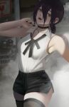  1girl absurdres armpit_peek armpits bare_shoulders black_choker black_hair black_nails black_shorts blush chainsaw_man choker closed_mouth collared_shirt green_eyes hair_between_eyes highres invicta_luna looking_at_viewer medium_hair nail_polish police reze_(chainsaw_man) ribbon russian_text shirt shorts sleeveless smile smoke solo_focus teeth white_shirt 