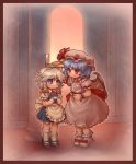  apron ascot blue_dress blue_eyes blue_hair braid dress frilled_apron hat height_difference izayoi_sakuya multiple_girls pink pink_background pink_dress red_eyes remilia_scarlet ruler sankuma shoes short_hair smile socks touhou white_hair wings young 