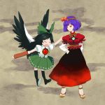 bad_id black_hair eyes hachi_(8bit_canvas) hairband long_hair long_skirt multiple_girls purple_hair red_eyes reiuji_utsuho rope sandals short_hair skirt touhou wings yasaka_kanako