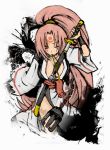  baiken breasts claws cleavage guilty_gear japanese_clothes katana kimono large_breasts mouth_hold open_kimono pink_eyes pink_hair ponytail scar sheath sunfl sword unsheathing weapon 