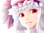  anti-earth_bomb grin hat portrait red_eyes remilia_scarlet silver_hair smile solo touhou 