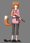  1girl ak-47 animal_ears assault_rifle bad_id gun holo kagurazaka_yuu kalashnikov red_eyes rifle simple_background solo spice_and_wolf tail weapon 