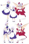  blue_eyes blue_hair braid character_sheet gustav_(telomere_na) gusutafu hat highres izayoi_sakuya red_eyes remilia_scarlet ribbon short_hair silver_hair touhou twin_braids wings young 