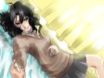  1girl amagami bed black_hair curtains dutch_angle green_eyes hand_holding holding_hands lying messy_hair on_back open_collar pillow ririclub sketch skirt smile sunlight sweater tanamachi_kaoru v-neck 