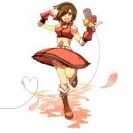  \m/ brown_eyes brown_hair flower headphones kane meiko microphone midriff pinky_out ribbon sakine_meiko short_hair skirt smile solo vocaloid wink young 