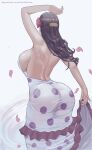  1girl arm_up armpits ass bare_back bare_shoulders black_hair breasts dress flower from_behind grey_background hair_flower hair_ornament highres large_breasts long_hair one_piece patreon_username petals polka_dot polka_dot_dress red_flower red_rose rose sideboob simple_background solo viola_(one_piece) white_dress zefrableu 