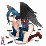  black_hair blue_hair breasts cleavage detached_sleeves feathers japanese_clothes kneeling large_breasts legs memememe original red_eyes wings 