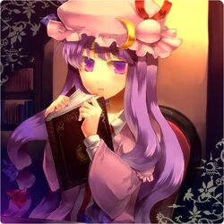  book crescent hat long_hair patchouli_knowledge purple_eyes purple_hair ribbon solo sunakumo touhou violet_eyes 