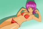  bikini brown_eyes lying midriff purple_hair rakugaki_(artist) sawa_jaaji side-tie_bikini simple_background swimsuit tan 