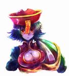  blue_skin blush_stickers breasts capcom cleavage cleavage_cutout hat jiangshi kara_(color) large_breasts lei_lei ofuda purple_skin red_eyes simple_background solo vampire_(game) 