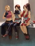  blonde_hair blue_mary bodysuit braid brown_hair eating fingerless_gloves gloves halter halterneck iwanai_tomoeju jeans king_of_fighters long_hair onigiri ponytail sakazaki_yuri shiranui_mai short_hair sitting socks yuri_sakazaki 